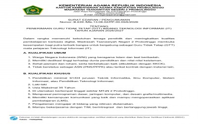PENERIMAAN GURU TIDAK TETAP (GTT) BIDANG TEKNOLOGI INFORMASI (IT) TAHUN AJARAN 2026/2027