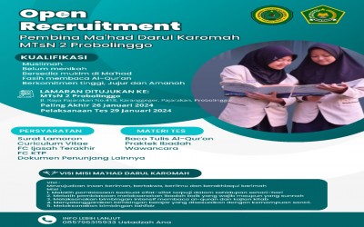 pengumuman hasil tes dan wawancara pembina Ma'had Darul Karomah MTsN 2 Probolinggo Tapel 2024-2025